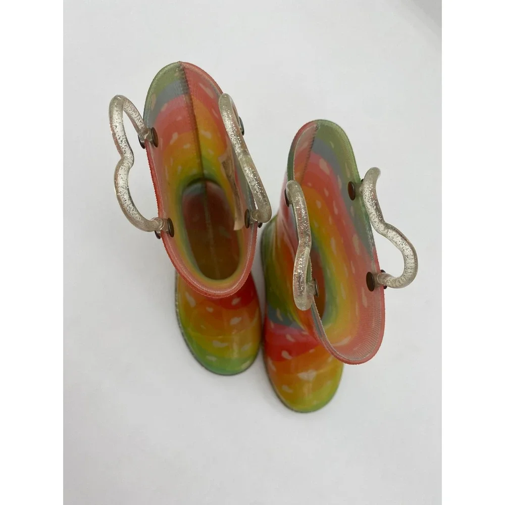 Western Chief Kids Heart Waves Lighted Rainbow Rain Boots Glitter Handles Size 9